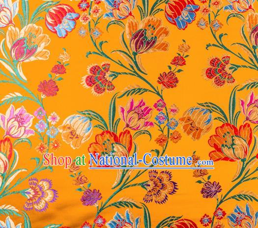 Asian Chinese Traditional Fabric Yellow Brocade Silk Material Classical Tulipa Pattern Design Satin Drapery