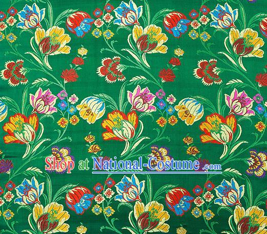 Asian Chinese Traditional Fabric Green Brocade Silk Material Classical Tulipa Pattern Design Satin Drapery