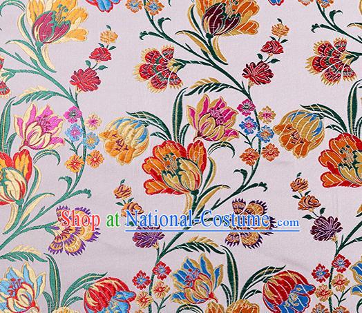 Asian Chinese Traditional Fabric White Brocade Silk Material Classical Tulipa Pattern Design Satin Drapery