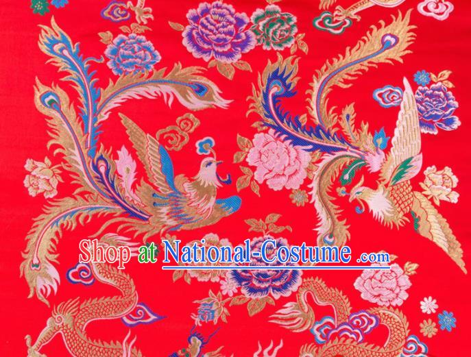 Asian Chinese Traditional Red Satin Fabric Tang Suit Brocade Silk Material Classical Phoenix Peony Pattern Design Drapery