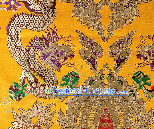 Asian Chinese Traditional Yellow Satin Fabric Tang Suit Nanjing Brocade Silk Material Classical Double Dragons Pattern Design Drapery