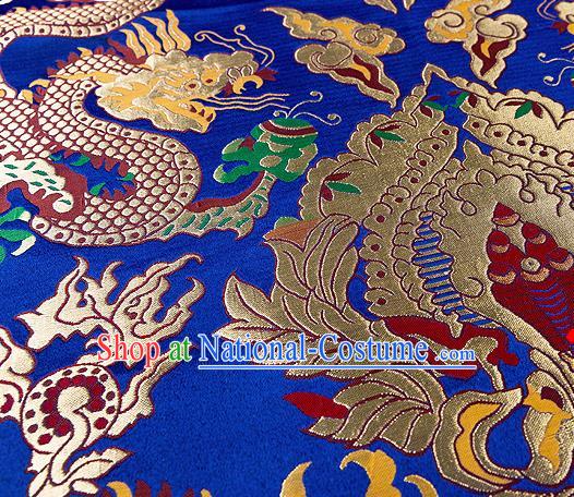 Asian Chinese Traditional Royalblue Satin Fabric Tang Suit Nanjing Brocade Silk Material Classical Double Dragons Pattern Design Drapery