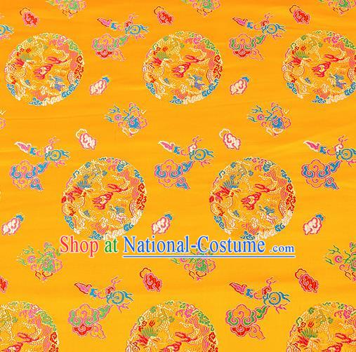 Asian Chinese Traditional Satin Fabric Tang Suit Yellow Brocade Silk Material Classical Clouds Dragons Pattern Design Drapery