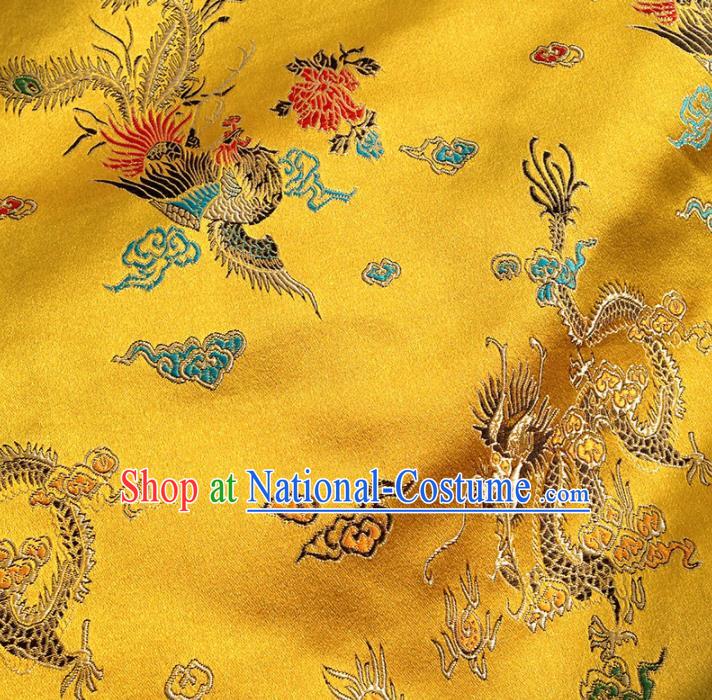 Asian Chinese Traditional Fabric Yellow Satin Brocade Silk Material Classical Dragon Phoenix Pattern Design Satin Drapery