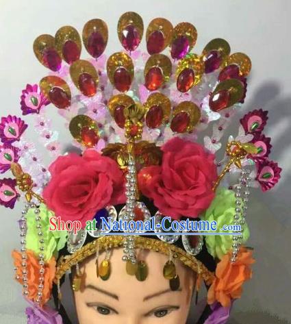 Chinese Traditional Folk Dance Red Peony Hair Accessories Ancient Peking Opera Diva Headwear for Women