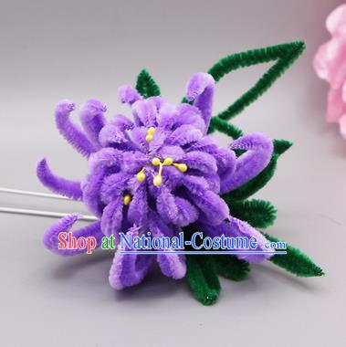 Chinese Traditional Handmade Hair Accessories Ancient Qing Dynasty Queen Purple Velvet Flower Hairpins for Women