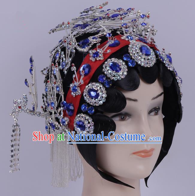 Chinese Traditional Peking Opera Diva Hair Accessories Ancient Princess Royalblue Crystal Hairpins for Women