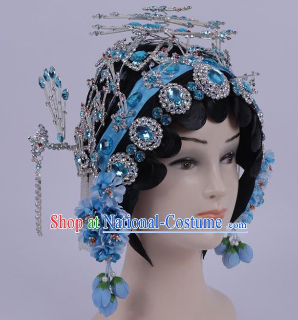 Chinese Traditional Peking Opera Diva Hair Accessories Ancient Princess Blue Crystal Hairpins for Women