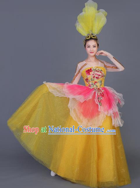 Professional Opening Dance Costume Stage Performance Flowers Yellow Dress for Women