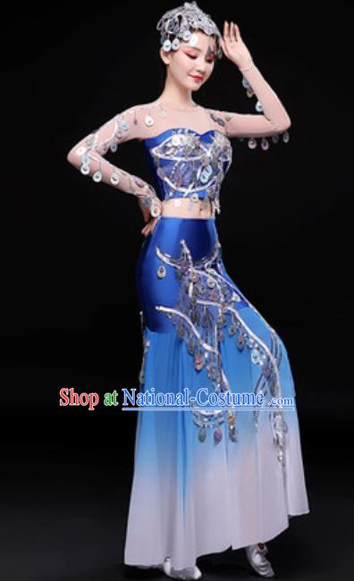 Chinese Traditional Dai Nationality Folk Dance Costumes Peacock Dance Blue Dress for Women