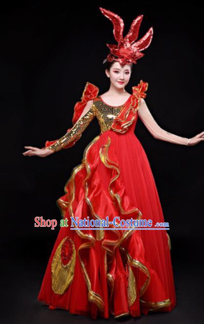 Professional Opening Dance Costume Stage Performance Chorus Red Dress for Women