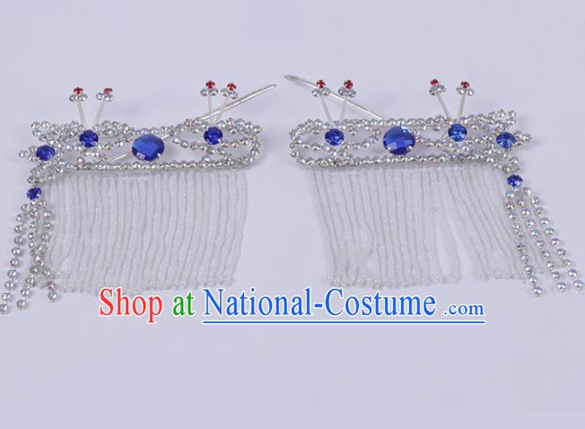 Chinese Traditional Peking Opera Princess Hair Accessories Ancient Fairy Royalblue Crystal Hairpins for Women