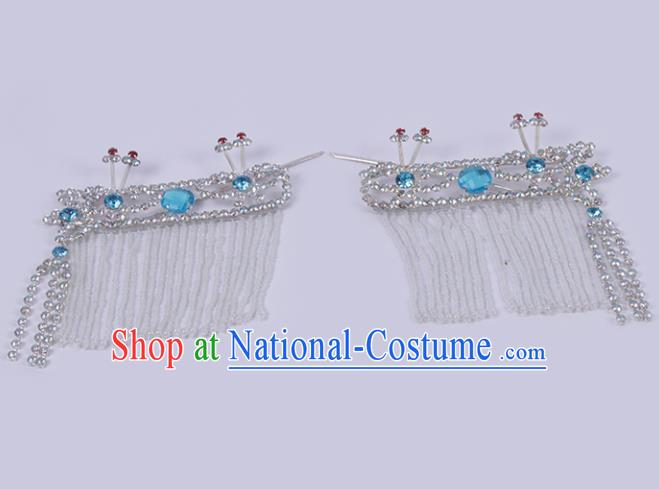 Chinese Traditional Peking Opera Princess Hair Accessories Ancient Fairy Blue Crystal Hairpins for Women