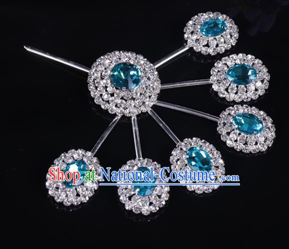 Chinese Traditional Peking Opera Diva Hair Accessories Blue Crystal Hairpins for Women