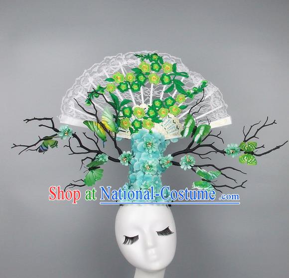 Handmade Halloween Green Plum Blossom Butterfly Hair Accessories Chinese Stage Performance Hair Clasp Headdress for Women