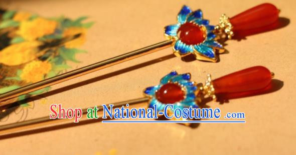 Chinese Traditional Handmade Agate Hair Clip Hair Accessories Ancient Blueing Lotus Hairpins for Women