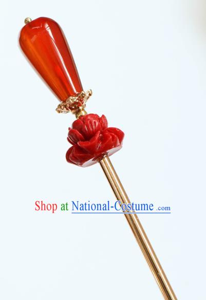 Chinese Traditional Handmade Red Lotus Hair Clip Hair Accessories Ancient Agate Hairpins for Women