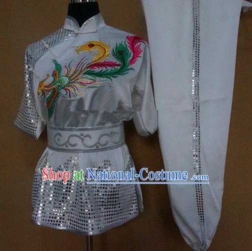 Chinese Traditional Kung Fu Martial Arts Embroidered Phoenix Costumes Tai Chi Training White Clothing for Women