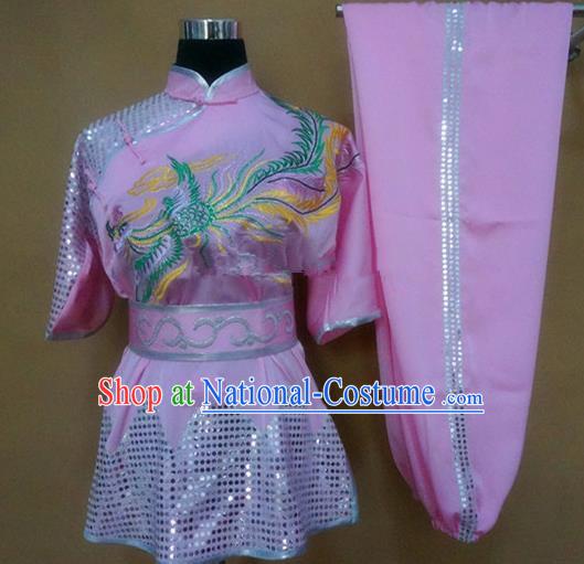 Chinese Traditional Kung Fu Martial Arts Embroidered Phoenix Costumes Tai Chi Training Pink Clothing for Women