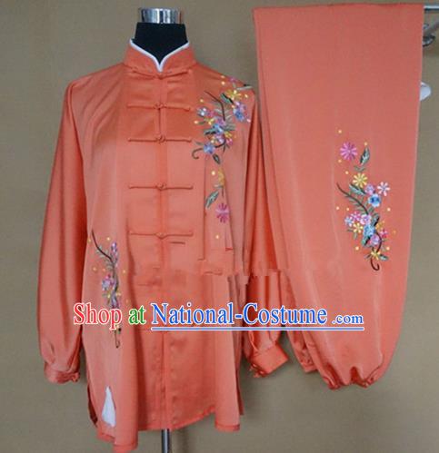 Chinese Traditional Kung Fu Embroidered Orange Costumes Martial Arts Tai Chi Training Clothing for Women