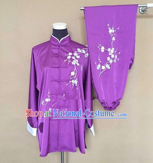 Chinese Traditional Kung Fu Embroidered Purple Costumes Martial Arts Tai Chi Training Clothing for Women