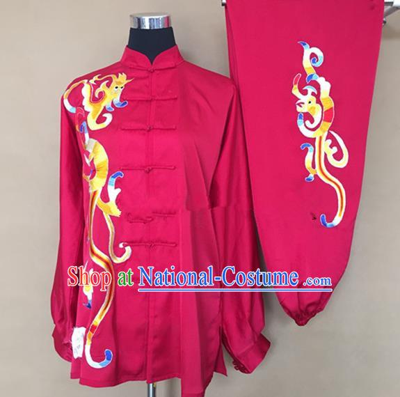 Chinese Traditional Kung Fu Embroidered Rosy Silk Costumes Martial Arts Tai Chi Training Clothing for Women