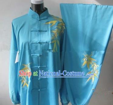 Chinese Traditional Kung Fu Embroidered Blue Silk Costumes Martial Arts Tai Chi Training Clothing for Women