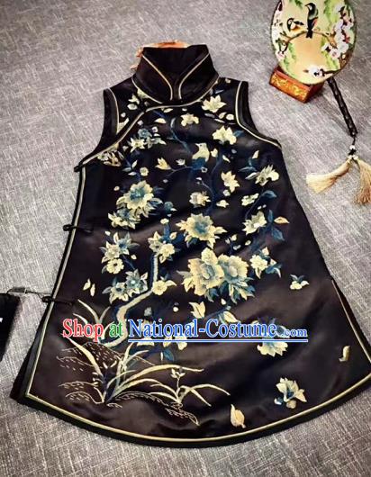 Chinese Traditional Qing Dynasty Costumes Ancient Princess Embroidered Black Silk Vests for Women