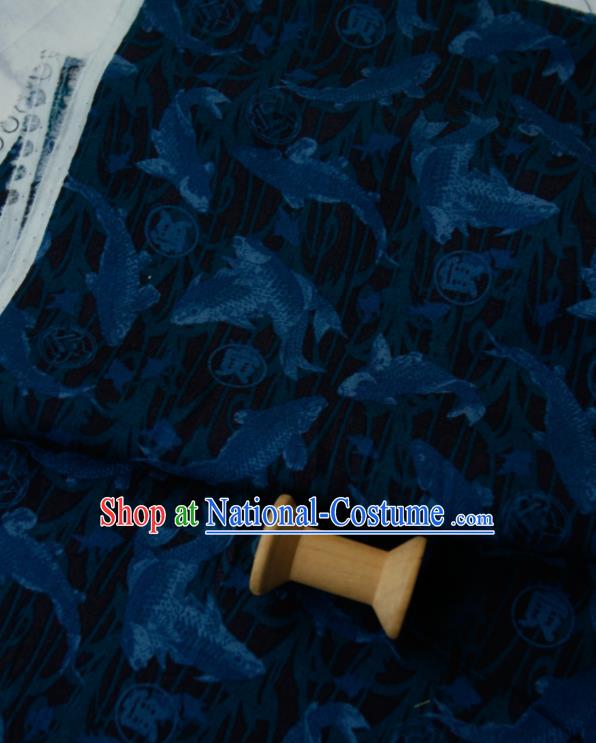 Asian Japanese Traditional Kimono Fabric Brocade Silk Material Classical Blue Fishes Pattern Design Drapery