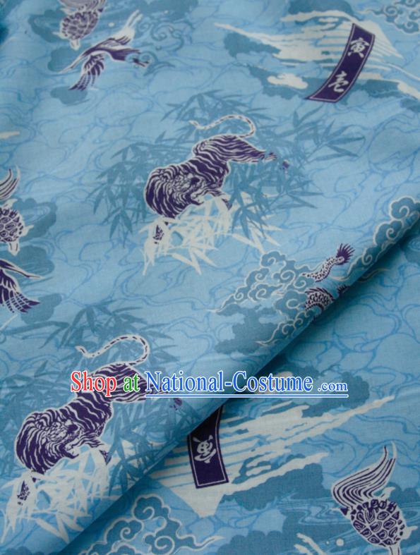 Asian Japanese Traditional Kimono Fabric Blue Brocade Silk Material Classical Lions Pattern Design Drapery