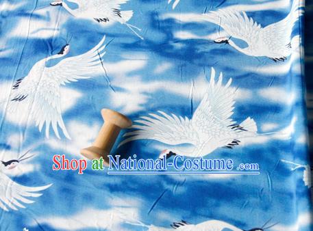 Asian Japanese Traditional Kimono Blue Brocade Fabric Silk Material Classical Cranes Pattern Design Drapery