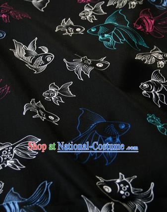 Asian Japanese Traditional Kimono Black Brocade Fabric Silk Material Classical Goldfishes Pattern Design Drapery