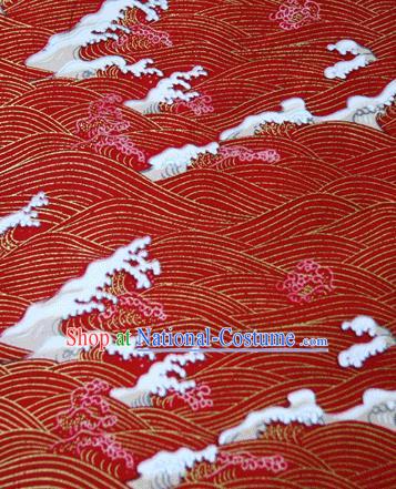 Asian Japanese Traditional Kimono Red Brocade Fabric Silk Material Classical Wave Pattern Design Drapery