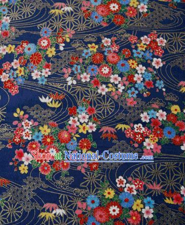 Asian Japanese Traditional Kimono Navy Brocade Fabric Silk Material Classical Flowers Pattern Design Drapery