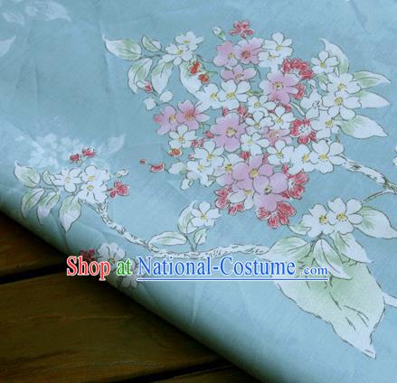 Asian Japanese Traditional Kimono Blue Fabric Material Classical Flowers Pattern Design Drapery