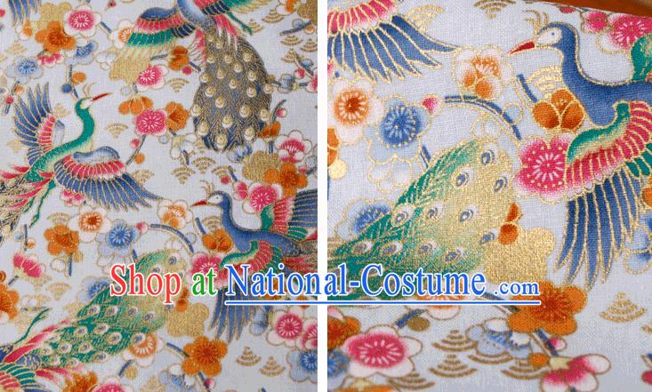 Asian Japanese Traditional Kimono White Brocade Fabric Silk Material Classical Peacock Pattern Design Drapery