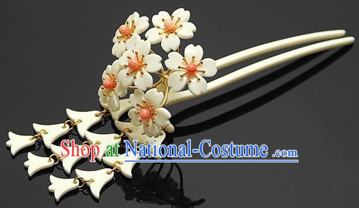 Japanese Traditional Courtesan Hair Accessories White Sakura Hair Clip Ancient Kimono Yukata Tassel Hairpins for Women