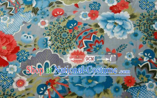 Asian Japanese Traditional Kimono Blue Brocade Fabric Silk Material Classical Peony Pattern Design Drapery