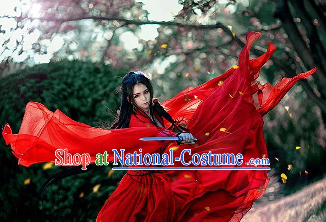 Chinese Traditional Ancient Swordswoman Embroidered Costumes Cosplay Female Assassin Red Hanfu Dress for Women