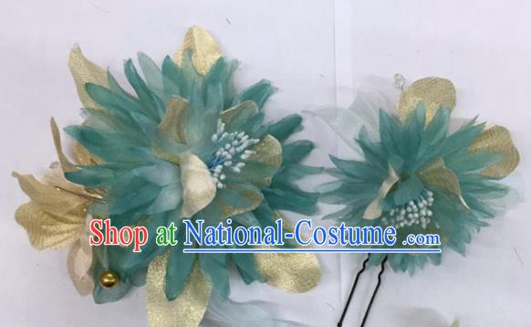 Chinese Traditional Beijing Opera Blue Silk Flowers Hairpins Ancient Peri Hair Accessories for Women