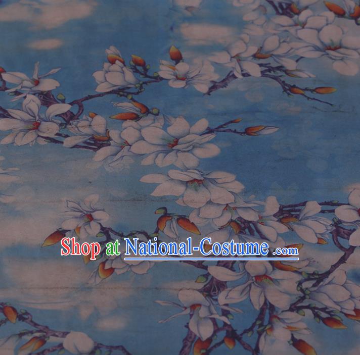 Chinese Blue Crepe Satin Plain Palace Mangnolia Pattern Traditional Cheongsam Silk Fabric Chinese Fabric Asian Material