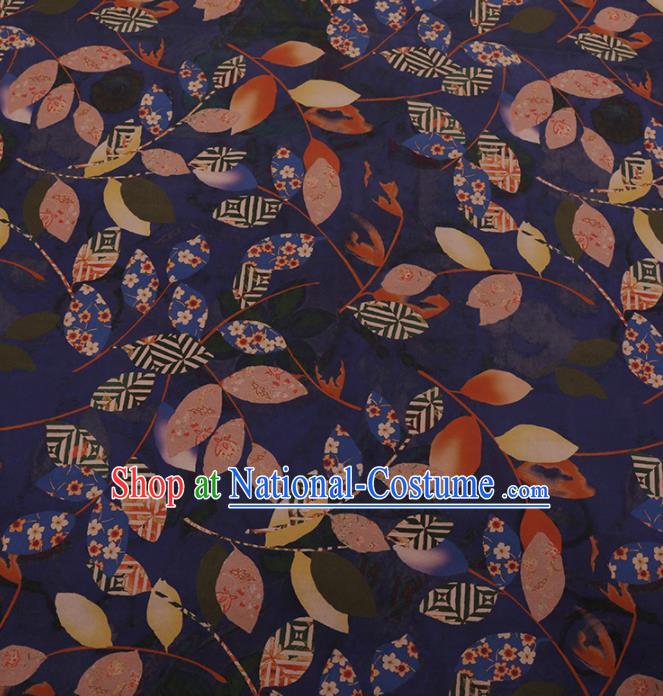 Chinese Traditional Cheongsam Palace Leaf Pattern Blue Crepe Satin Plain Gambiered Guangdong Gauze Silk Fabric