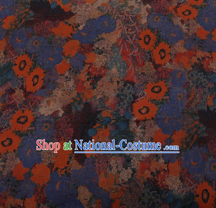 Chinese Traditional Cheongsam Palace Pattern Blue Crepe Satin Plain Gambiered Guangdong Gauze Silk Fabric