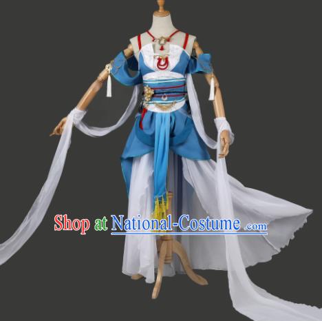 Traditional Chinese Cosplay Swordswoman Blue Hanfu Dress Ancient Peri Princess Costume for Women