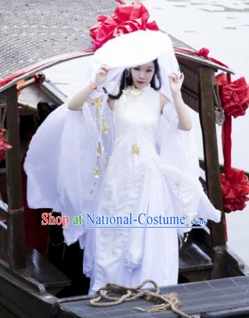 Traditional Chinese Cosplay Swordswoman White Hanfu Dress Ancient Peri Costume for Women