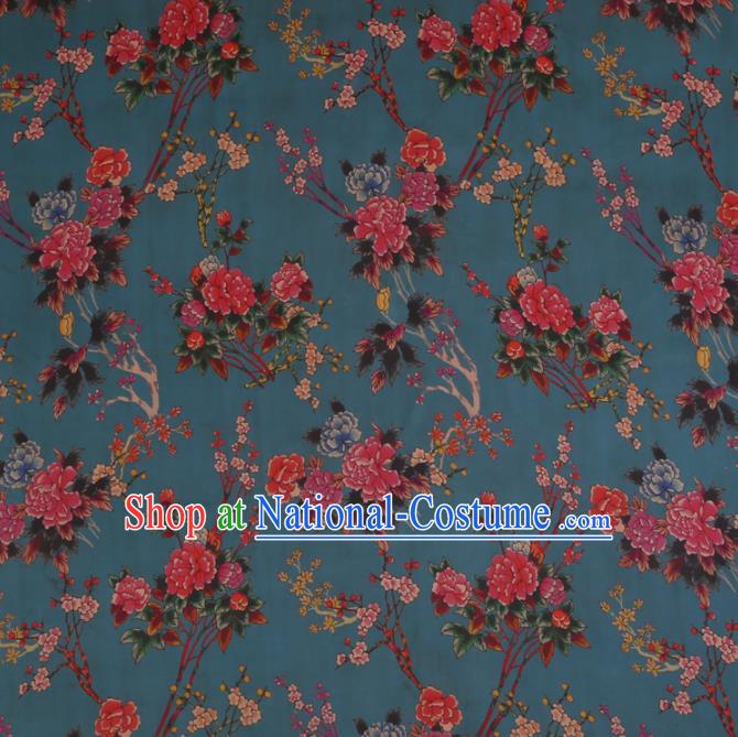 Chinese Traditional Drapery Blue Silk Fabric Palace Peony Pattern Cheongsam Satin Plain Gambiered Guangdong Gauze