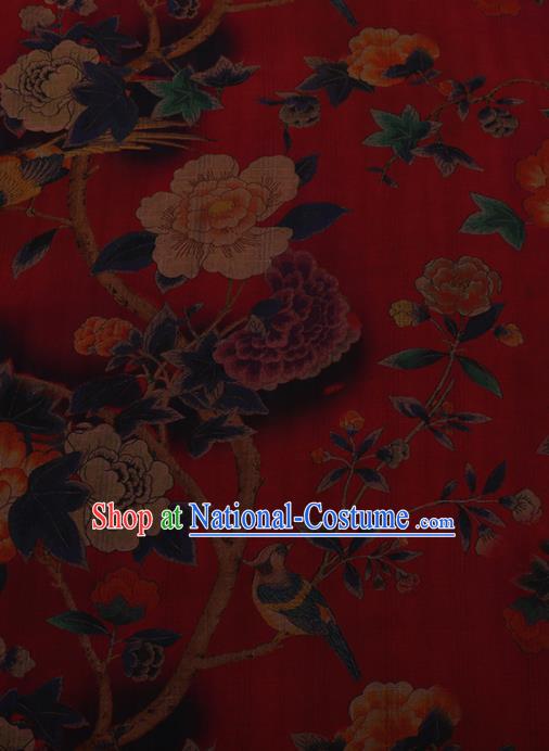 Chinese Traditional Cheongsam Drapery Red Silk Fabric Palace Peony Pattern Satin Plain Gambiered Guangdong Gauze