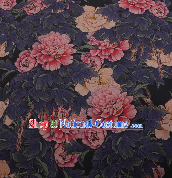 Chinese Classical Navy Satin Plain Cheongsam Drapery Silk Fabric Traditional Peony Pattern Gambiered Guangdong Gauze