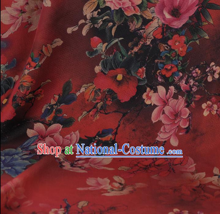 Chinese Classical Red Satin Plain Cheongsam Drapery Silk Fabric Traditional Peony Pattern Gambiered Guangdong Gauze