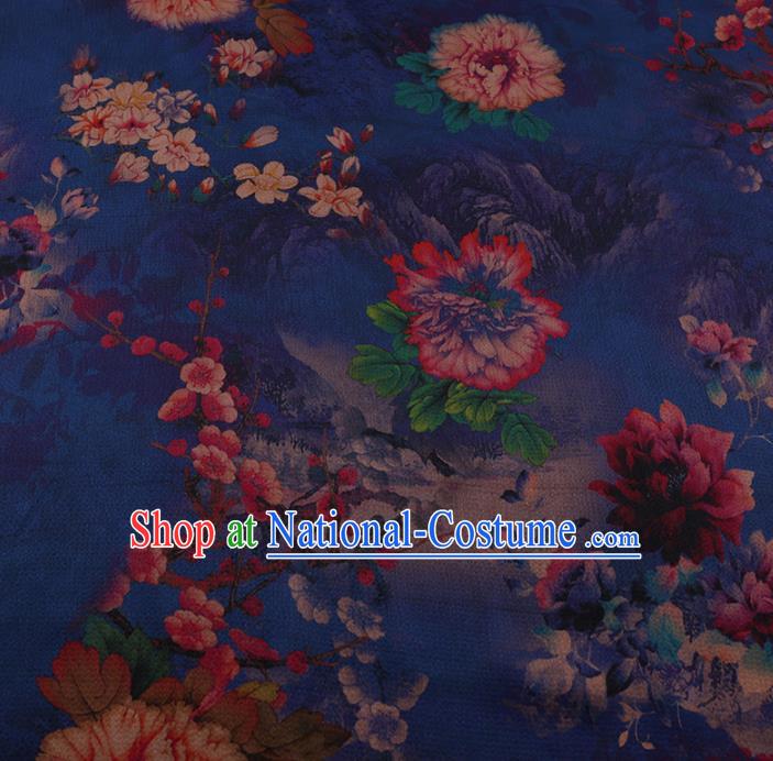 Chinese Classical Blue Satin Plain Traditional Peony Pattern Cheongsam Drapery Silk Fabric Gambiered Guangdong Gauze